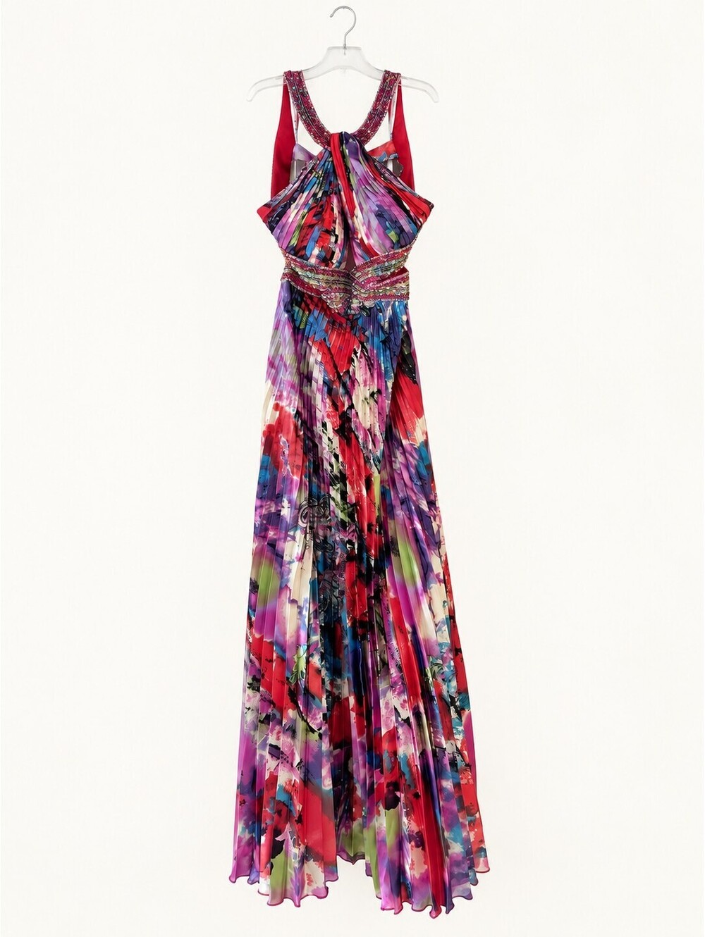 Candella Size 8 Multicolor Beaded Pleated Open Back Formal Gown